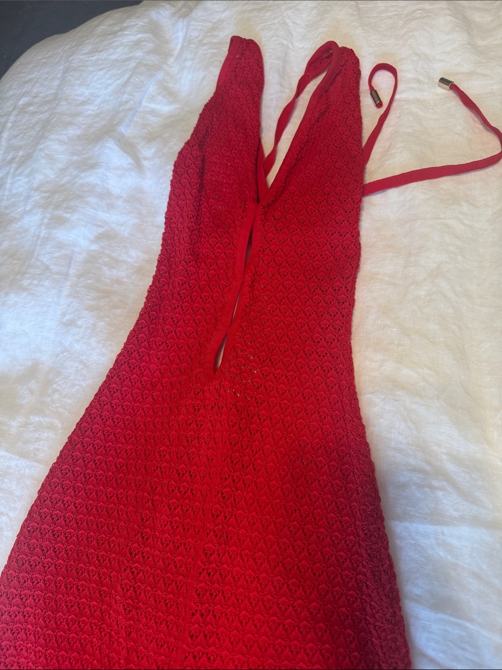 Monday Swimwear Red Crochet V-Neck Swim Coverup. Size US P